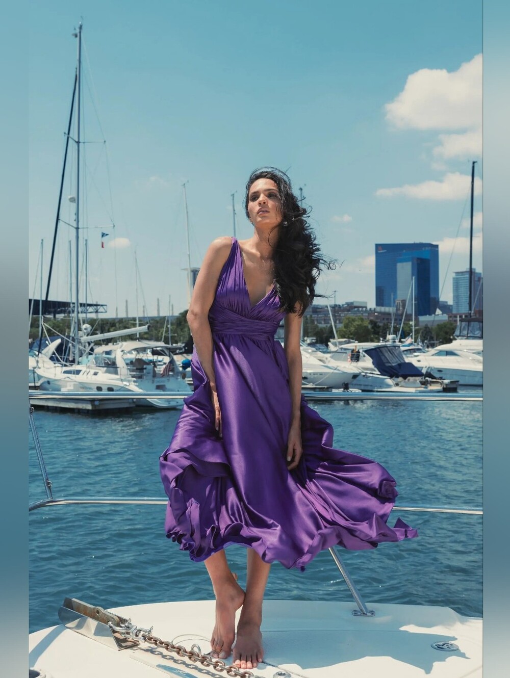 Ieena for Mac Duggal Purple Ruched Top Satin Pleated Tea Length Dress - Picture 10 of 11